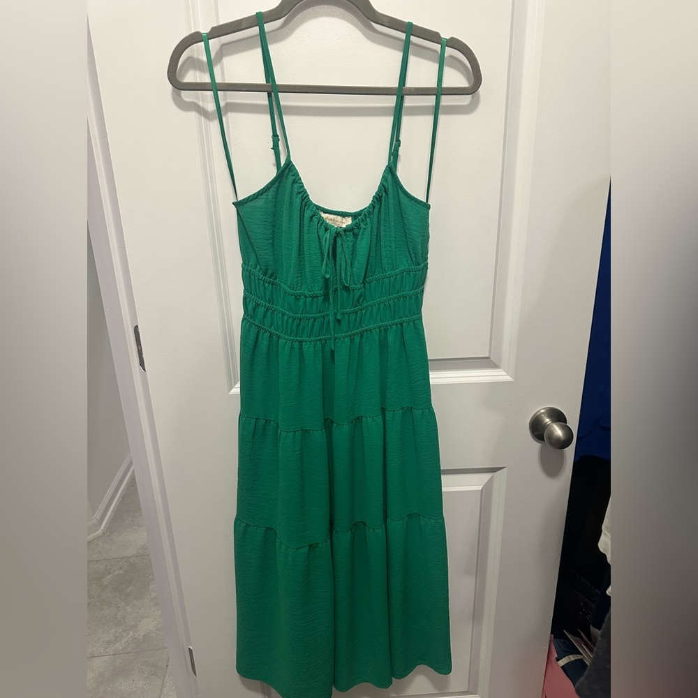 Monteau Green Smocked Tiered Midi Long Dress - Size Small